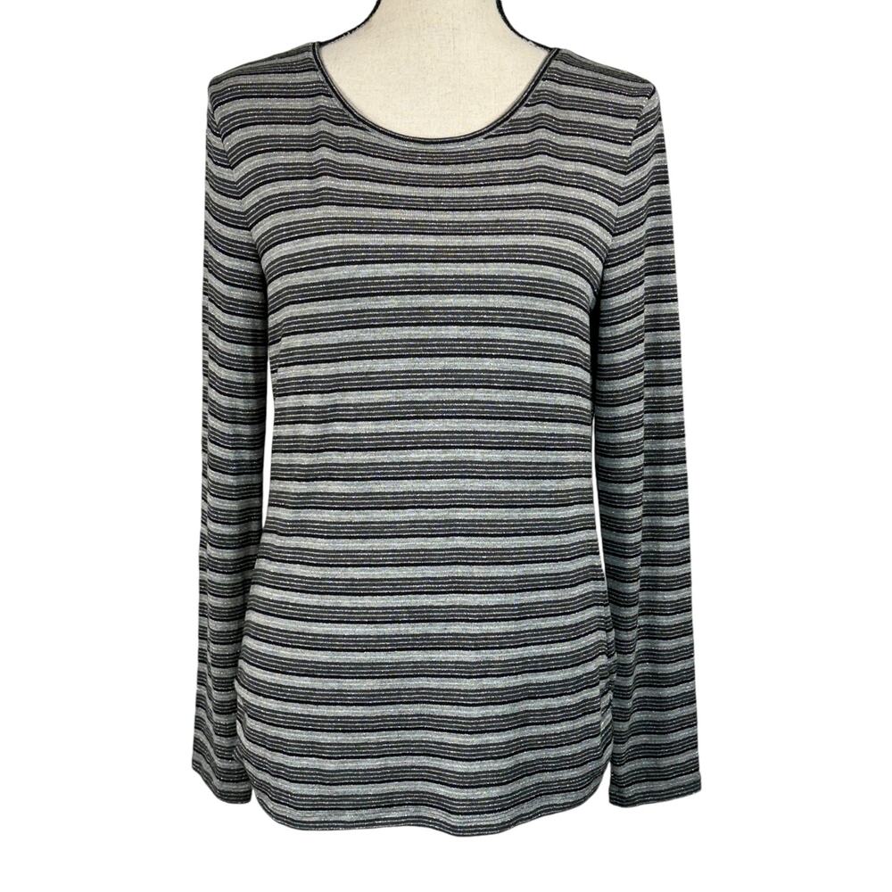 Talbots Small Top Striped Long Sleeve Round Neck Stretch Lightweight Gray Multi